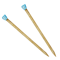Hand drawn wooden Knitting needles Watercolor Illustration. Hobby handcraft icon, symbol. Isolated object on white background.