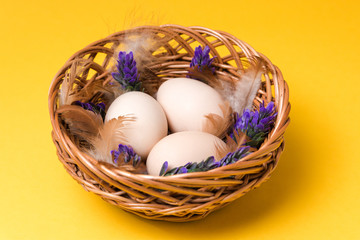 natural ecological eggs,feather and lavender in a wicker basket on yellow background with copy space. happy easter