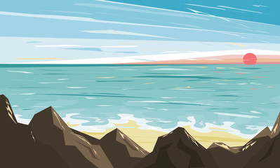 Sunset on the sea, beach and surf. Seascape in a flat style.