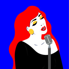 Girl with pop art style sings in blues style. Bright color illustration of a girl