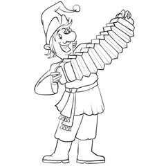 Russian buffoon plays the accordion at the fair drawn in outline, isolated object on a white background, vector illustration,