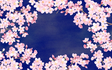 夜桜の枝で囲んだフレーム　水彩イラスト
