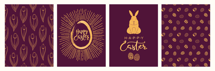 Collection of greeting cards with rabbit, eggs with patterns, tulip flowers, sunburst, text Happy Easter. Gold on purple background. Flat style design. Concept for holiday invite, gift tag, banner.