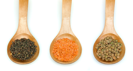 Lentil split and lentil canada in wooden spoon