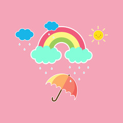 Cute baby cartoon pattern (Rainbow ,Smile sun happy face ,Cloud ,Rainy ,Umbrella) isolated on pink pastel background.Design for girl or kids.Using as wallpaper ,print or screen.Vector.Illustration.