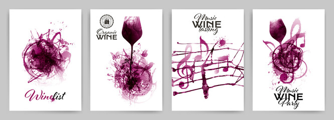 Set with strokes backgrounds and red wine stains. Artistic music symbols with spots. © Ografica