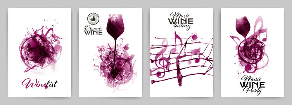 Set with strokes backgrounds and red wine stains. Artistic music symbols with spots.