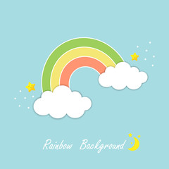 Cute rainbow and white clouds with star and moon isolated on blue sky background.Design for print or screen backdrop ,tile ,wallpaper or card.Sweet dream.Vector.Illustration.