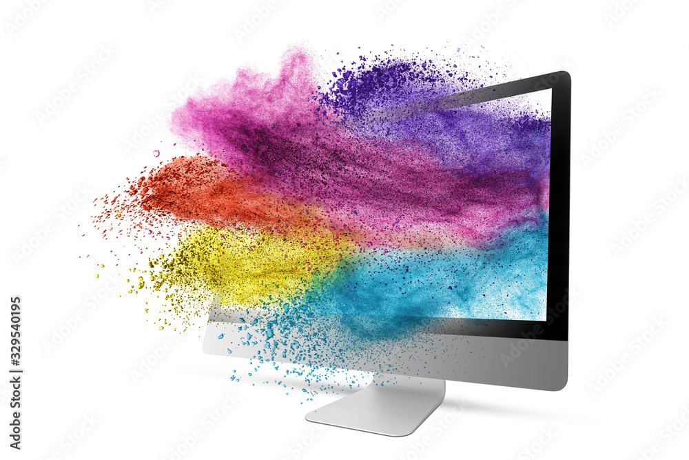 Wall mural multicolored dust splash from computer monitor on a white.