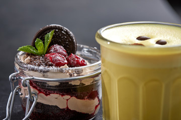 chocolate dessert and turmeric cappuccino