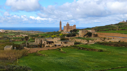 Aerial view over Basilica Ta Pinu in Gozo - a national shrine - aerial photography