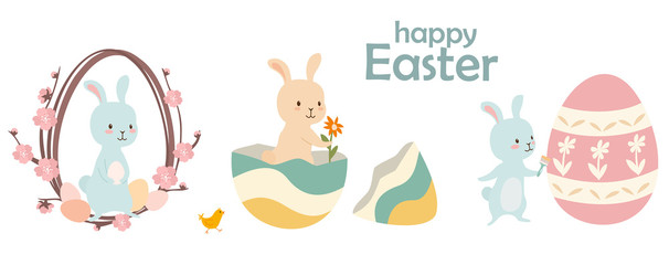 Happy Easter illustrations. Collection of funny easter bunnies. Vector template for banner or greeting card. Can be used as stickers.