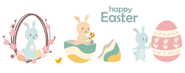 Happy Easter illustrations. Collection of funny easter bunnies. Vector template for banner or greeting card. Can be used as stickers.