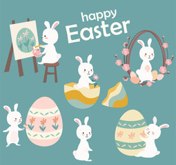Happy Easter illustrations. Collection of funny easter bunnies. Vector template for banner or greeting card. Can be used as stickers.