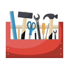 Cartoon red toolbox with ruler, hammers, screwdriver, wrench ... Vector illustration