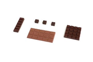 different kinds of chocolate on white background.