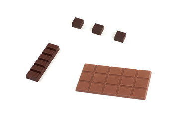 different kinds of chocolate on white background.