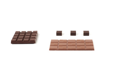 different kinds of chocolate on white background.