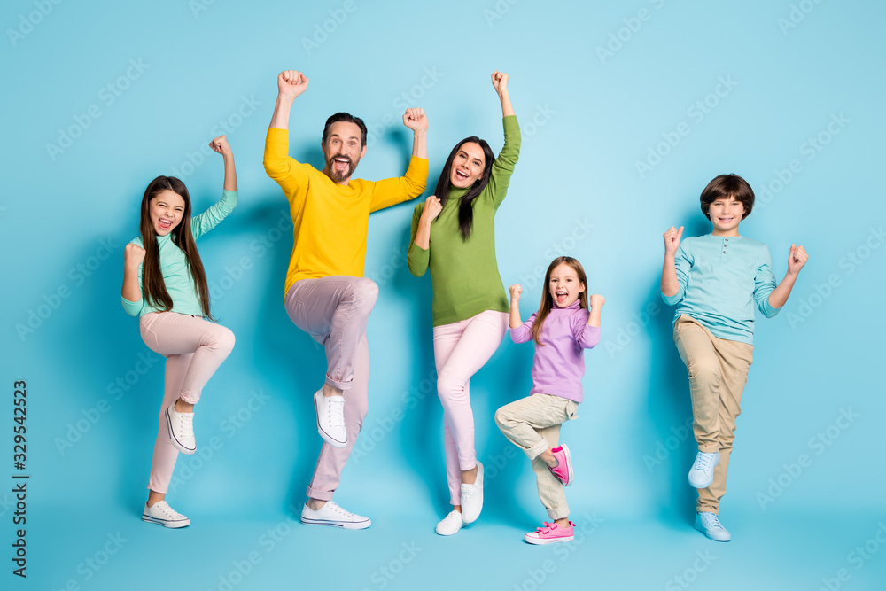 Poster Full length body size view of nice attractive lovely adorable ecstatic overjoyed cheerful cheery big full family celebrating luck isolated on bright vivid shine vibrant blue color background