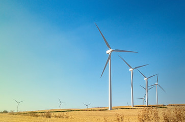 Fototapeta Windmills wind turbines farm power generators against landscape against blue sky in beautiful nature landscape for production of renewable green energy. Friendly industry to environment. obraz