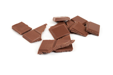 pieces of dark milk chocolate bar isolated on white background.