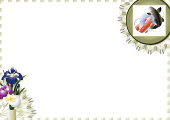 鯉の滝登りの飾りに菖蒲のイラスト横スタイル背景素材白と金色の格子の枠