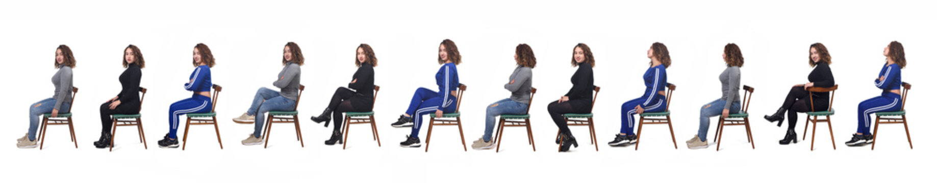 large group of a same woman sitting of profile with different ways of dressing on white background