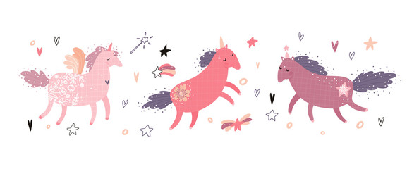 Set of cute fairy unicorns. Magic elements kids collection isolated on white background. Vector illustration for sticker, postcard, birthday invitation.