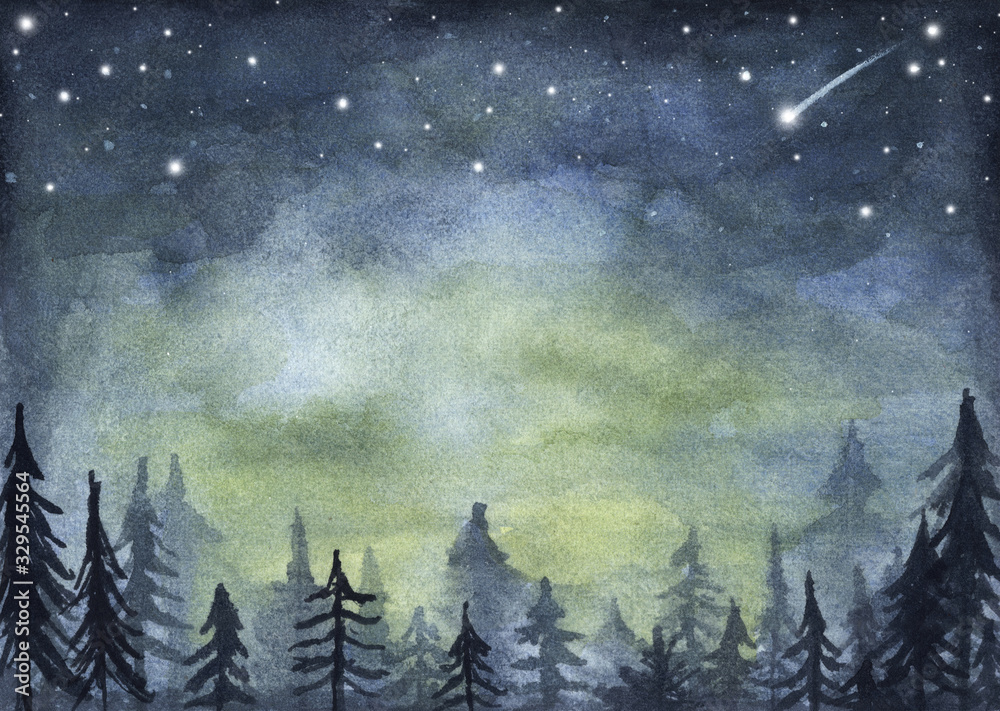 Wall mural peaceful spruce forest under night sky full of stars. fog forest landscape. watercolor illustration.