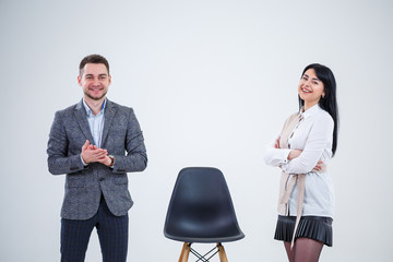 Obraz premium businessmen man and woman, teachers invite specialists to work. Creation of a new business project.