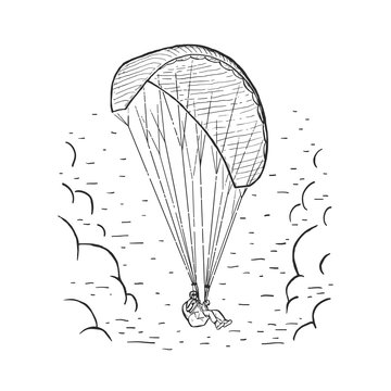 recommend clip art: Vector Paraglider. Sketch illustration with hand drawn skydiver flying with a paraglider. Black line isolated on white. Extreme sports concept. Design for print, cover, poster and banner