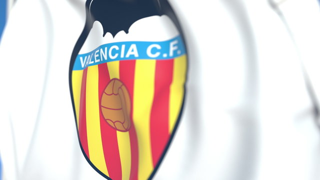 Flying Flag With Valencia CF Football Club Logo, Close-up. Editorial 3D Rendering