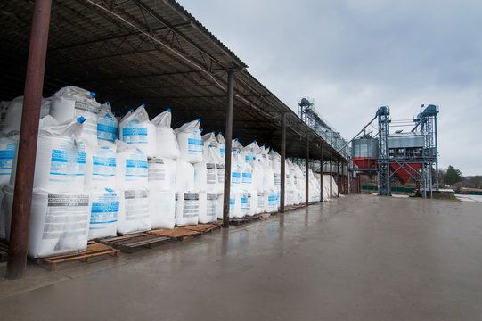 Bolotnya, Peremyshlyany district, Lviv region, Ukraine - February 03, 2020: Chemical fertilizer A urea bag at warehouse in stock agrofirm Dzvonu