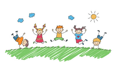 Obraz na płótnie Canvas Happy children jump together in summer park. Funny jumping kids. Children drawing painted with markers. Doodle hand drawn vector illustration
