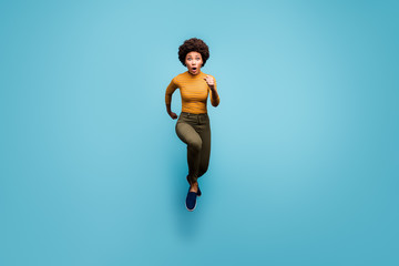Fototapeta na wymiar Full length body size view of her she nice girlish funky worried active wavy-haired girl running late on-time isolated on bright vivid shine vibrant blue green teal turquoise color background