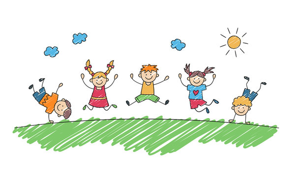 Happy children jump together in summer park. Funny jumping kids. Children drawing painted with markers. Doodle hand drawn vector illustration