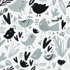 Birds and leaves patter. Flat illustration for your design. Card about love