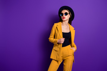 Portrait of gorgeous stylish modern girl touch her blazer look copy space look want attract rich wealthy millionaire guy wear vintage outfit isolated over purple color background