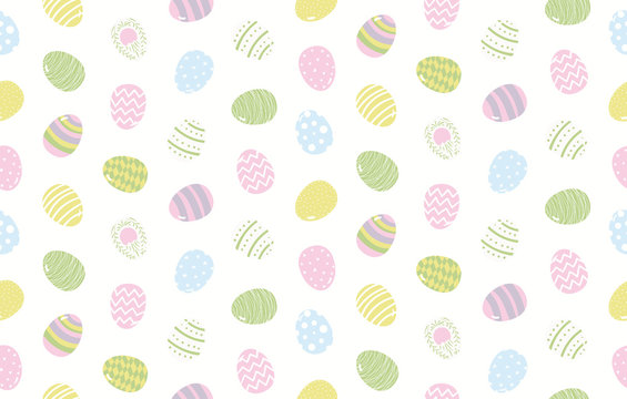 Hand drawn seamless vector pattern with cartoon painted eggs, on a white background. Scandinavian style flat design. Concept for Easter day kids textile print, wallpaper, wrapping paper, packaging.