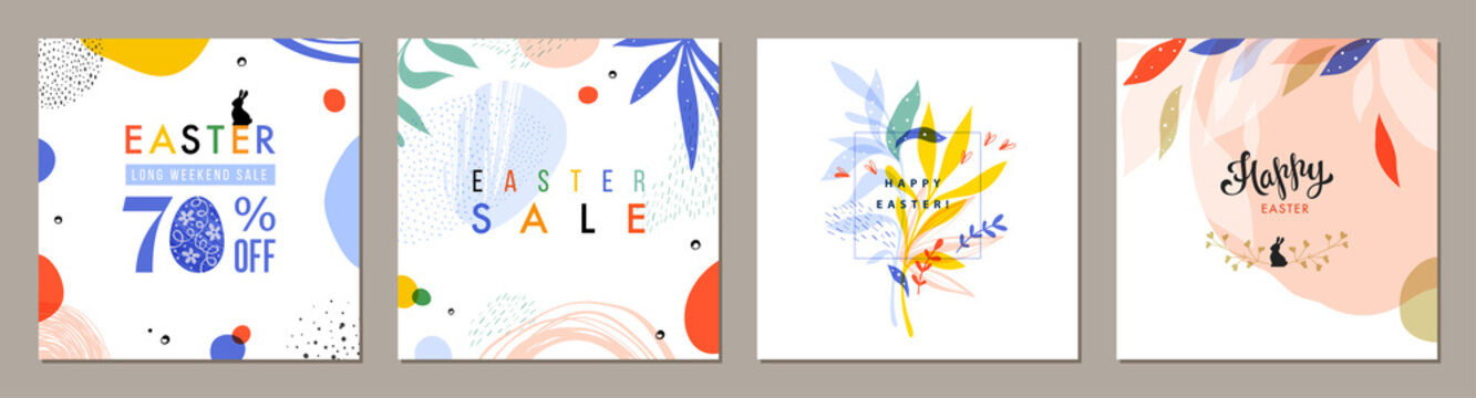Trendy Easter square abstract templates. Suitable for social media posts, mobile apps, cards, invitations, banners design and web/internet ads. 