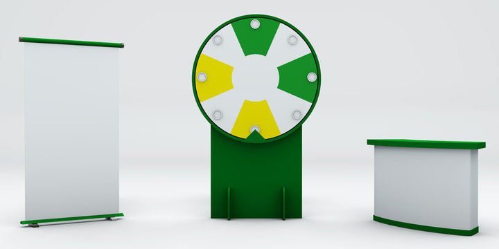 Complete promotional action. Roulette, banner display, bankRoulette Blank show booth for designers. Spin Whell. 3D render whell empty. 