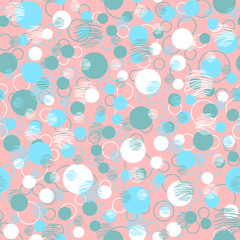 Trendy abstract seamless pattern with white, blue, green circles on a coral background. Seamless vector texture. Design for fabric, paper, packaging.
