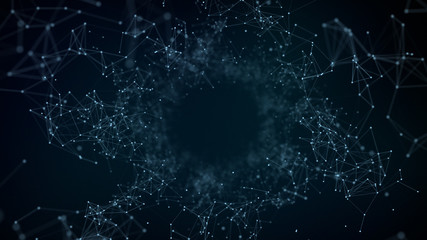 Gateway of space tunnel portal for future with flickering light grid wireframe wall dot line and circle swirl wave surface with door for digital space galaxy science technology abstract concept