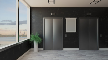 lobby with a large window. Reception in the business center. elevator doors. decorative dark walls.. 3D rendering. Empty paintings © COK House