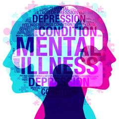 A male and female side silhouette positioned back to back, overlaid with various semi-transparent jigsaw pieces and words all themed on the topic of &ldquo;Mental health and Illness. 