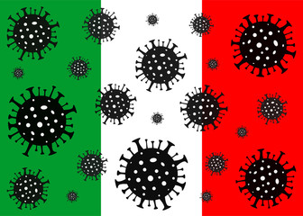 Coronavirus in Italy. Coronavirus danger. Novel coronavirus (2019-nCoV), Abstract virus strain model. Coronavirus on the background of the flag of Italy