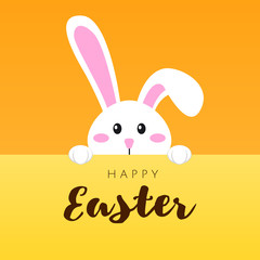 Greeting card with white Easter rabbit. Funny bunny in flat style. Easter Bunny. Happy easter lettering card with cute rabbit children vector illustration.