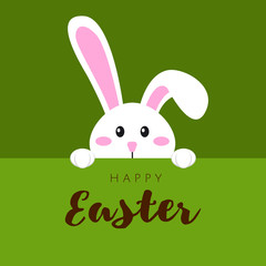 Greeting card with white Easter rabbit. Funny bunny in flat style. Easter Bunny. Happy easter lettering card with cute rabbit children vector illustration.