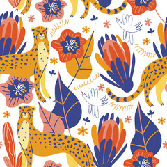 Seamless pattern on a white background. Wild cheetahs among the flowers. Vector illustration.