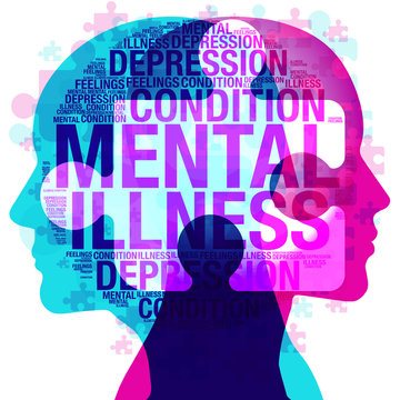A male and female side silhouette positioned back to back, overlaid with various semi-transparent jigsaw pieces and words all themed on the topic of “Mental health and Illness. 